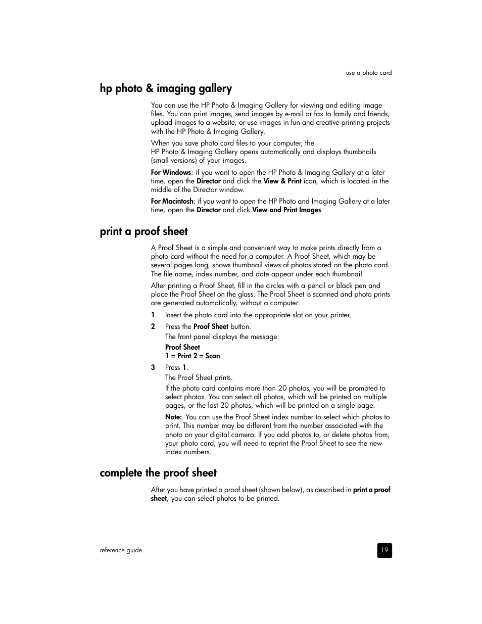 Hp photo & imaging gallery, Print a proof sheet, Complete the proof sheet | HP 2170 User Manual | Page 25 / 80