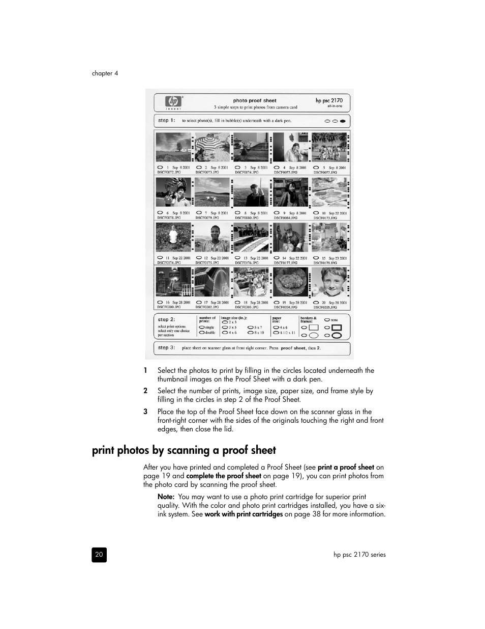 Print photos by scanning a proof sheet | HP 2170 User Manual | Page 26 / 80