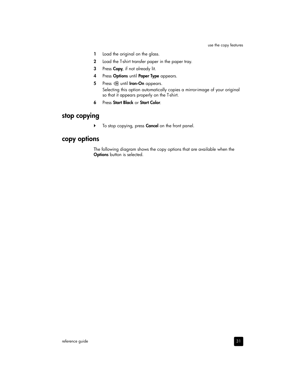 Stop copying, Copy options | HP 2170 User Manual | Page 37 / 80