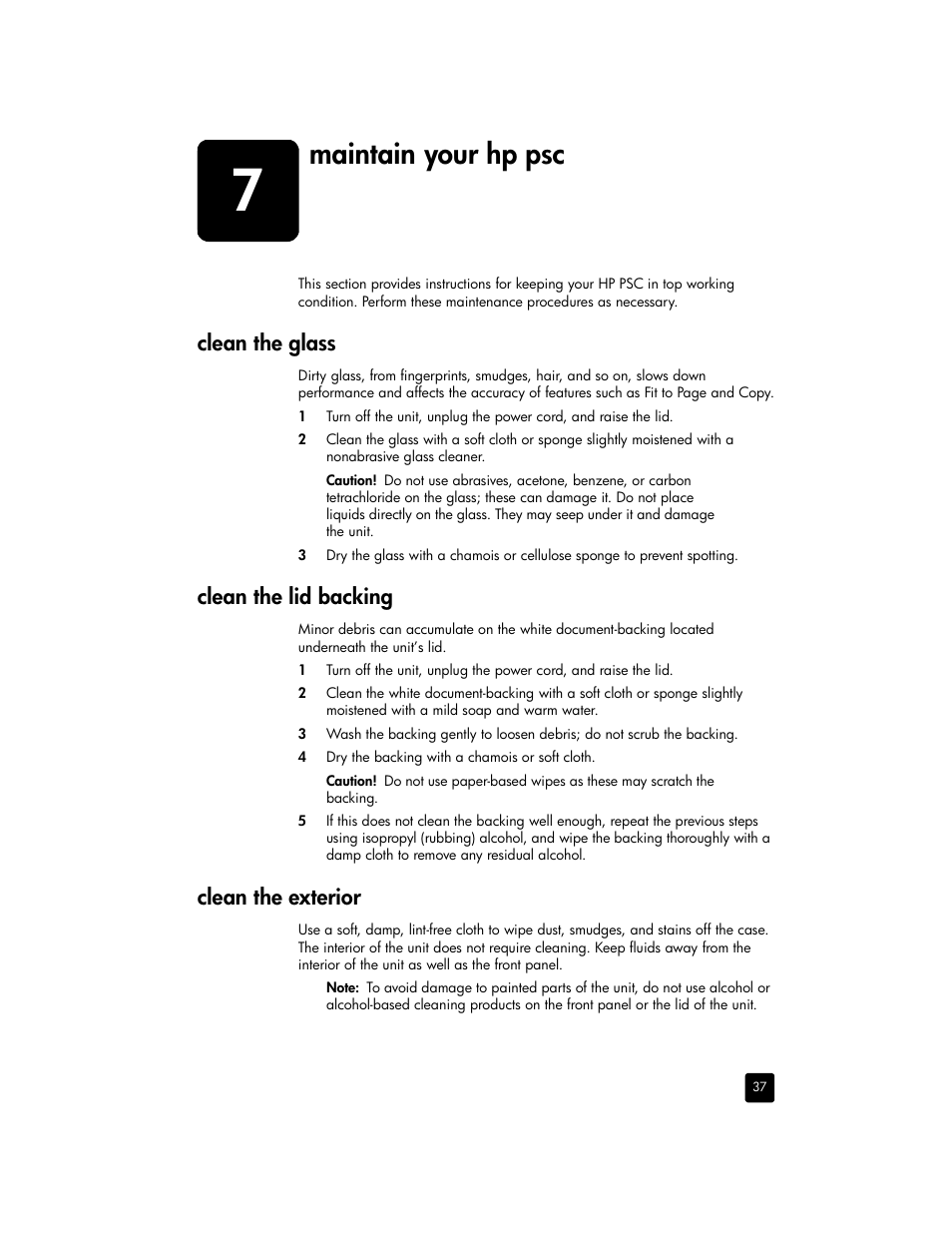 Maintain your hp psc, Clean the glass, Clean the lid backing | Clean the exterior | HP 2170 User Manual | Page 43 / 80