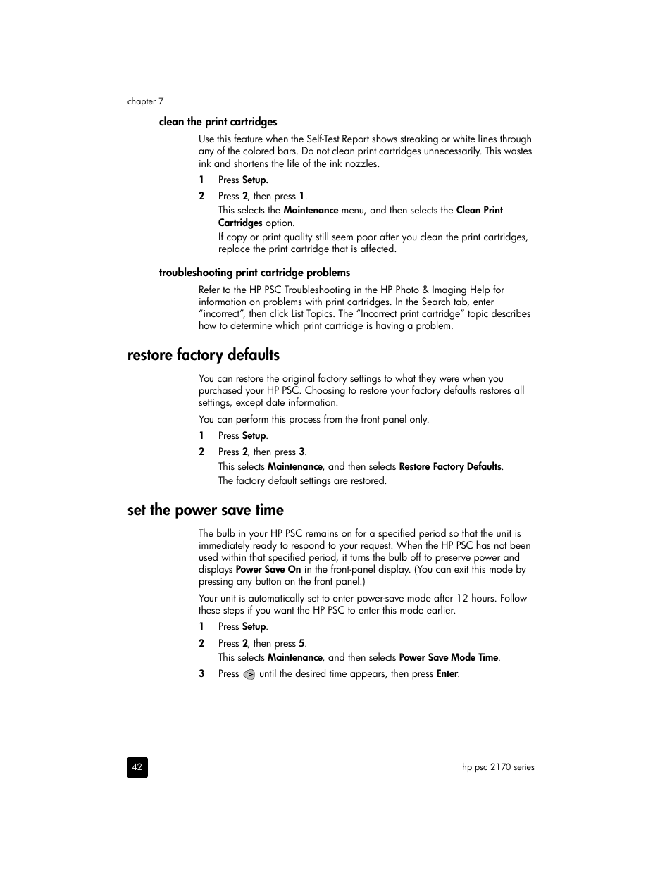 Restore factory defaults, Set the power save time | HP 2170 User Manual | Page 48 / 80