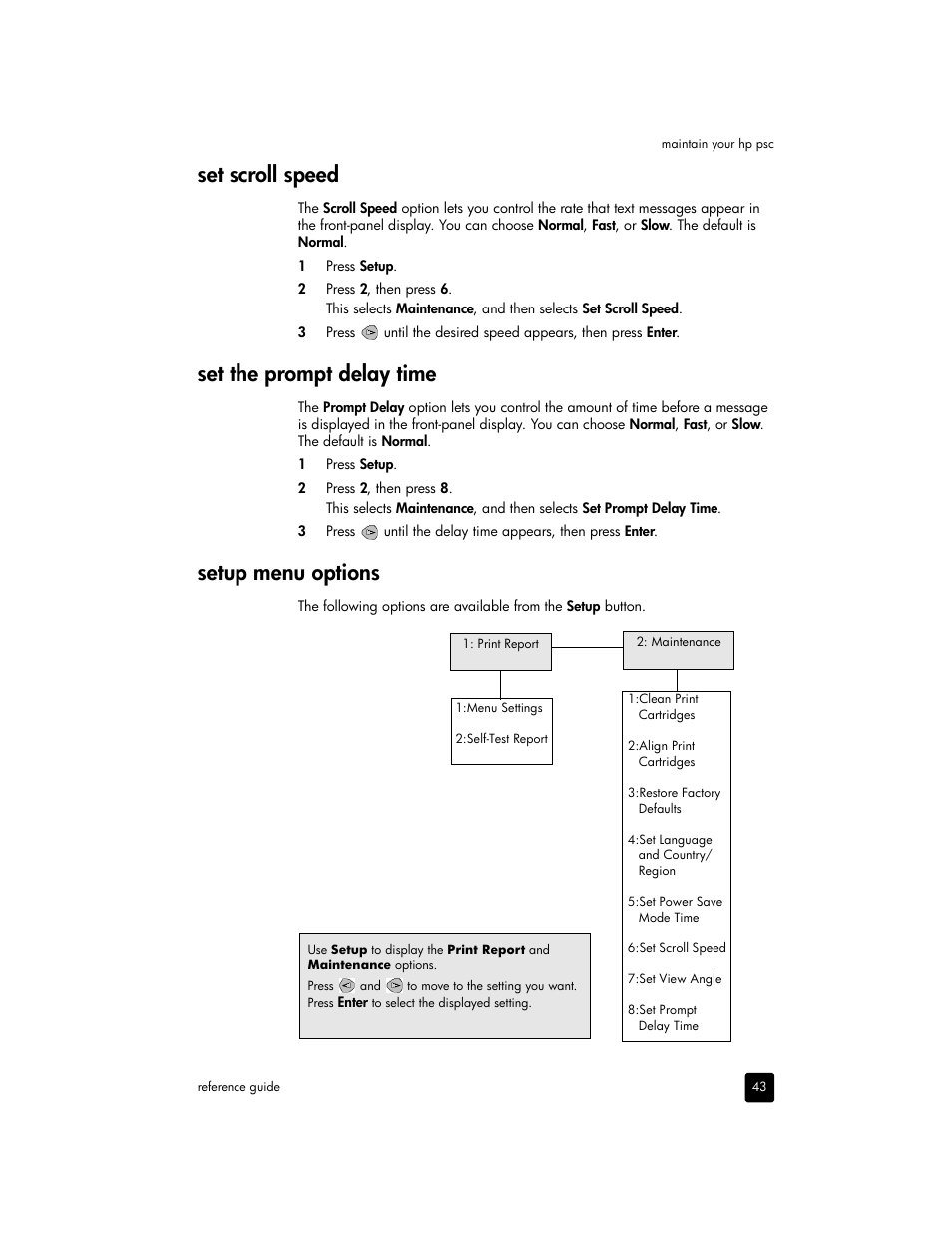 Set scroll speed, Set the prompt delay time, Setup menu options | HP 2170 User Manual | Page 49 / 80