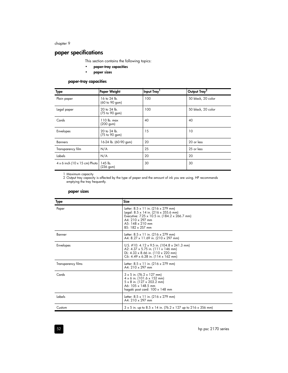 Paper specifications, Paper-tray capacities paper sizes | HP 2170 User Manual | Page 58 / 80