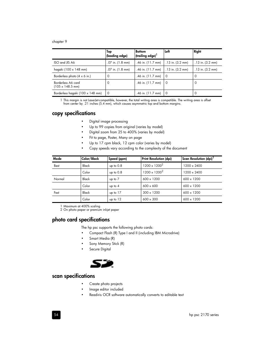 Copy specifications, Photo card specifications, Scan specifications | HP 2170 User Manual | Page 60 / 80