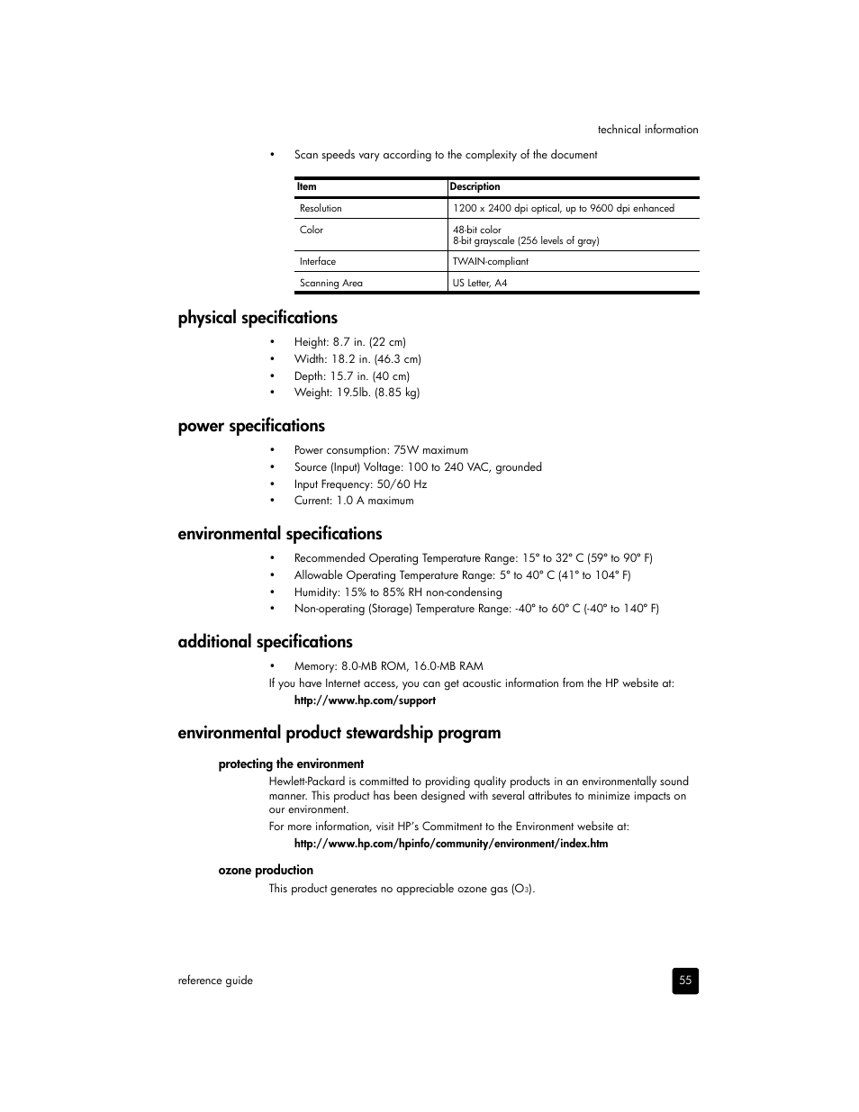 Physical specifications, Power specifications, Environmental specifications | Additional specifications, Environmental product stewardship program | HP 2170 User Manual | Page 61 / 80