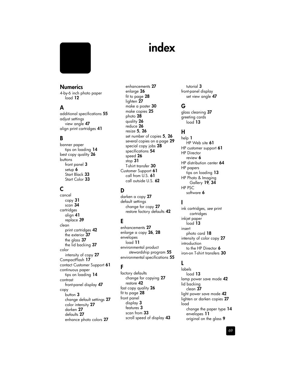 Index, Numerics | HP 2170 User Manual | Page 75 / 80