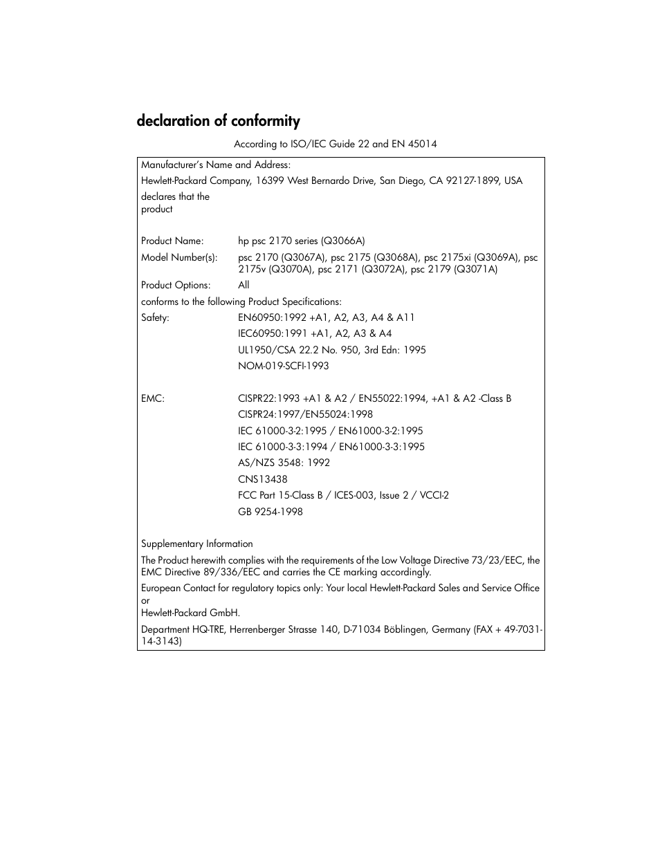 Declaration of conformity | HP 2170 User Manual | Page 79 / 80