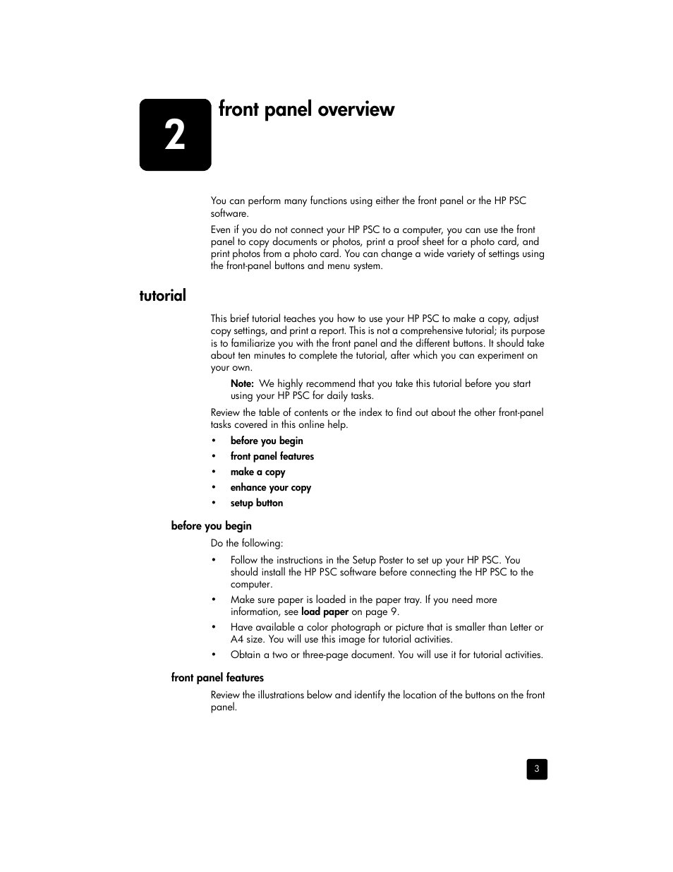 Front panel overview, Tutorial | HP 2170 User Manual | Page 9 / 80