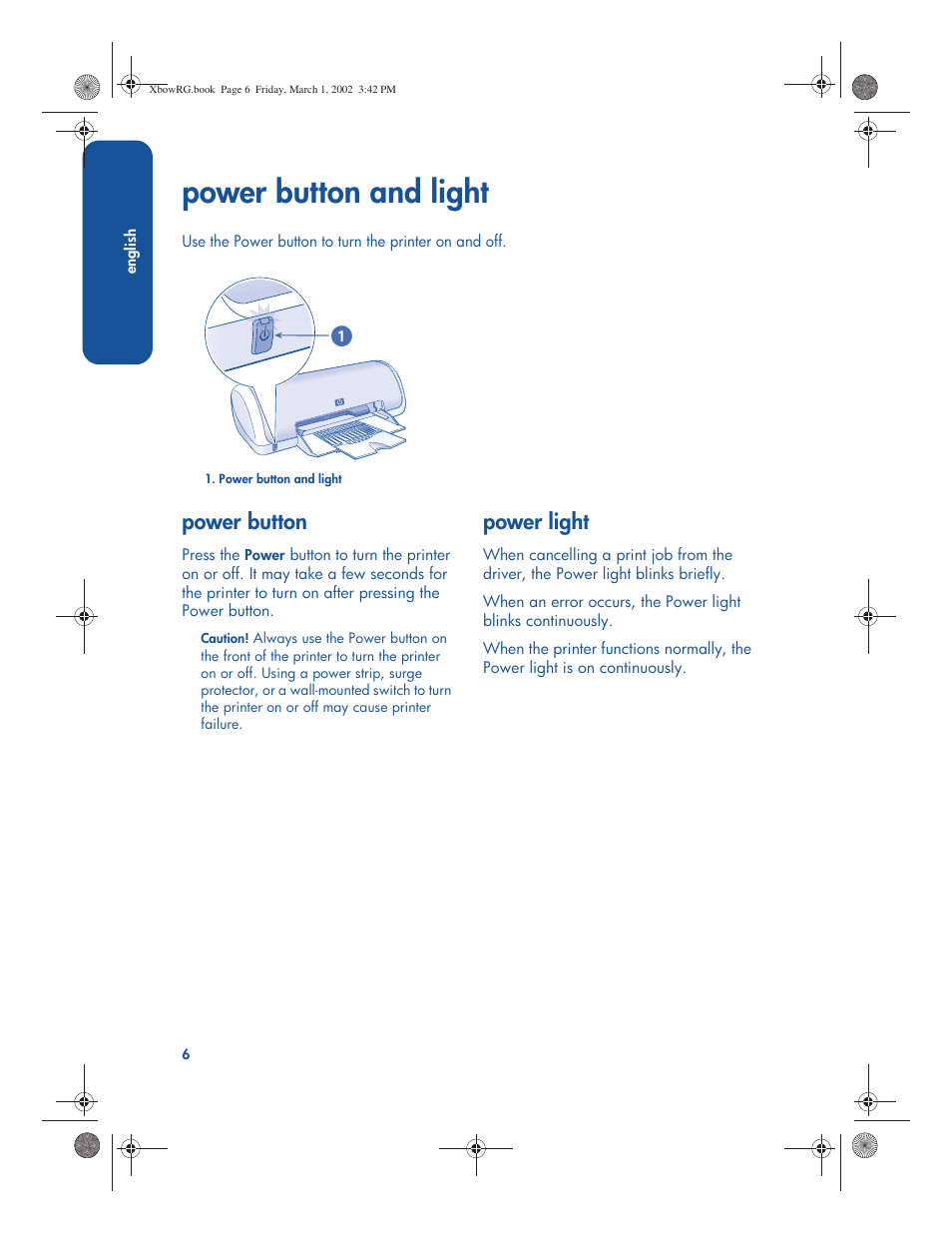 Power button and light, 1power button, Power light | HP 3300 User Manual | Page 10 / 23