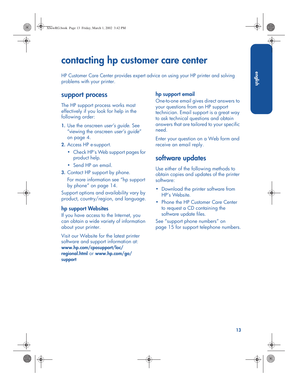 Contacting hp customer care center, Support process, Software updates | HP 3300 User Manual | Page 17 / 23