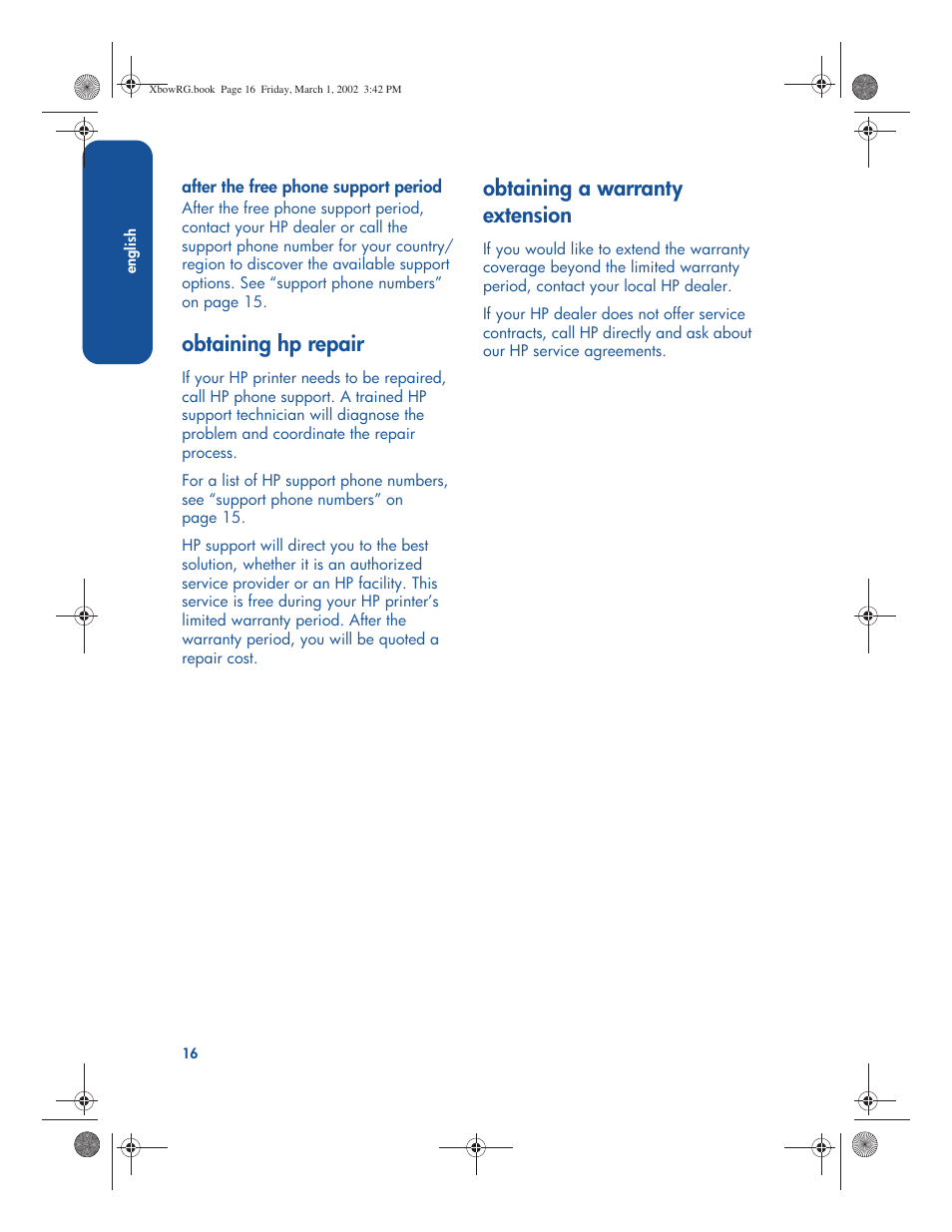 Obtaining hp repair, Obtaining a warranty extension | HP 3300 User Manual | Page 20 / 23