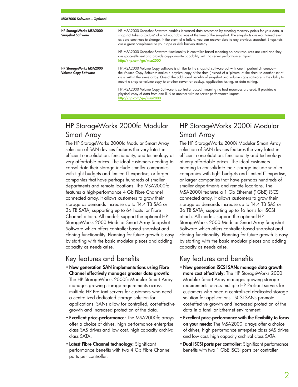 Hp storageworks 2000fc modular smart array, Key features and benefits, Hp storageworks 2000i modular smart array | HP MSA2000i User Manual | Page 2 / 4