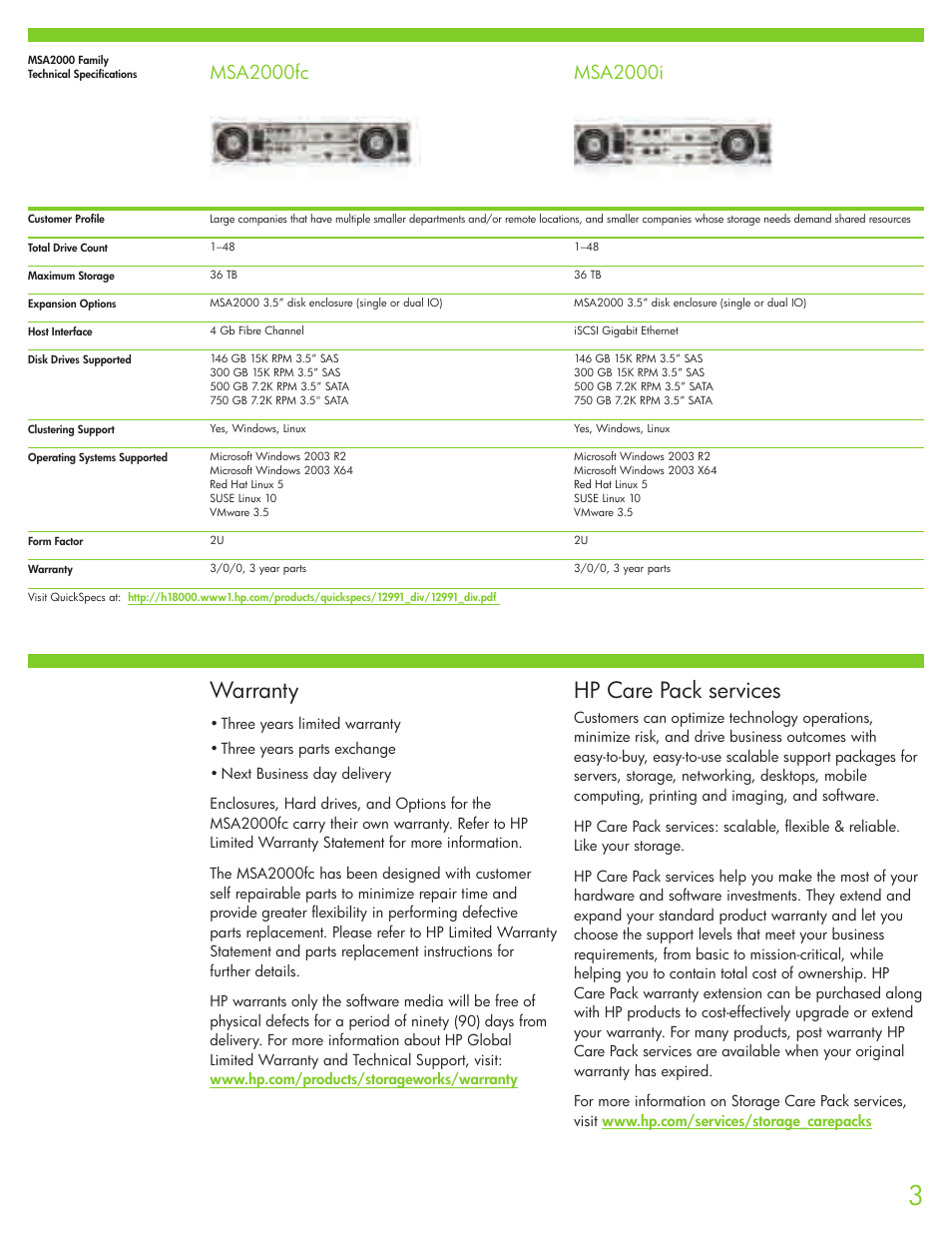 Warranty, Hp care pack services | HP MSA2000i User Manual | Page 3 / 4