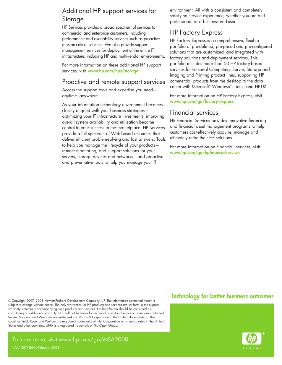 Additional hp support services for storage, Proactive and remote support services, Hp factory express | Financial services, Technology for better business outcomes | HP MSA2000i User Manual | Page 4 / 4