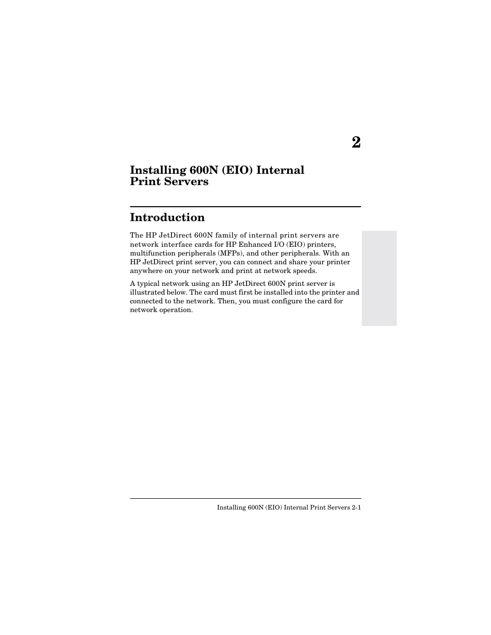 Installing 600n (eio) internal printservers, Introduction, Installing 600n (eio) internal print servers | Introduction -1 | HP 300X User Manual | Page 15 / 64