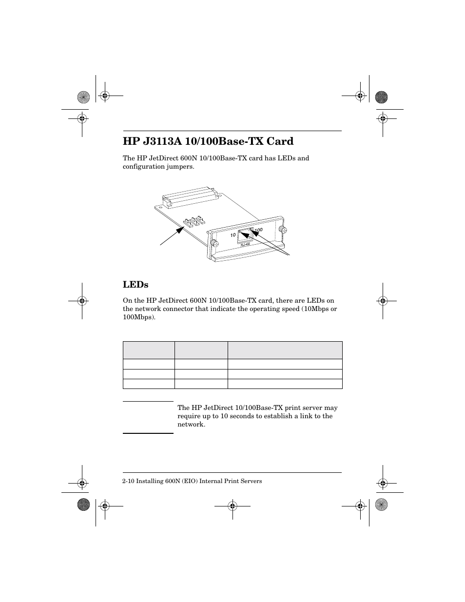 Hpj3113a 10/100base-tx card, Leds, Hp j3113a 10/100base-tx card -10 | Leds -10 | HP 300X User Manual | Page 24 / 64