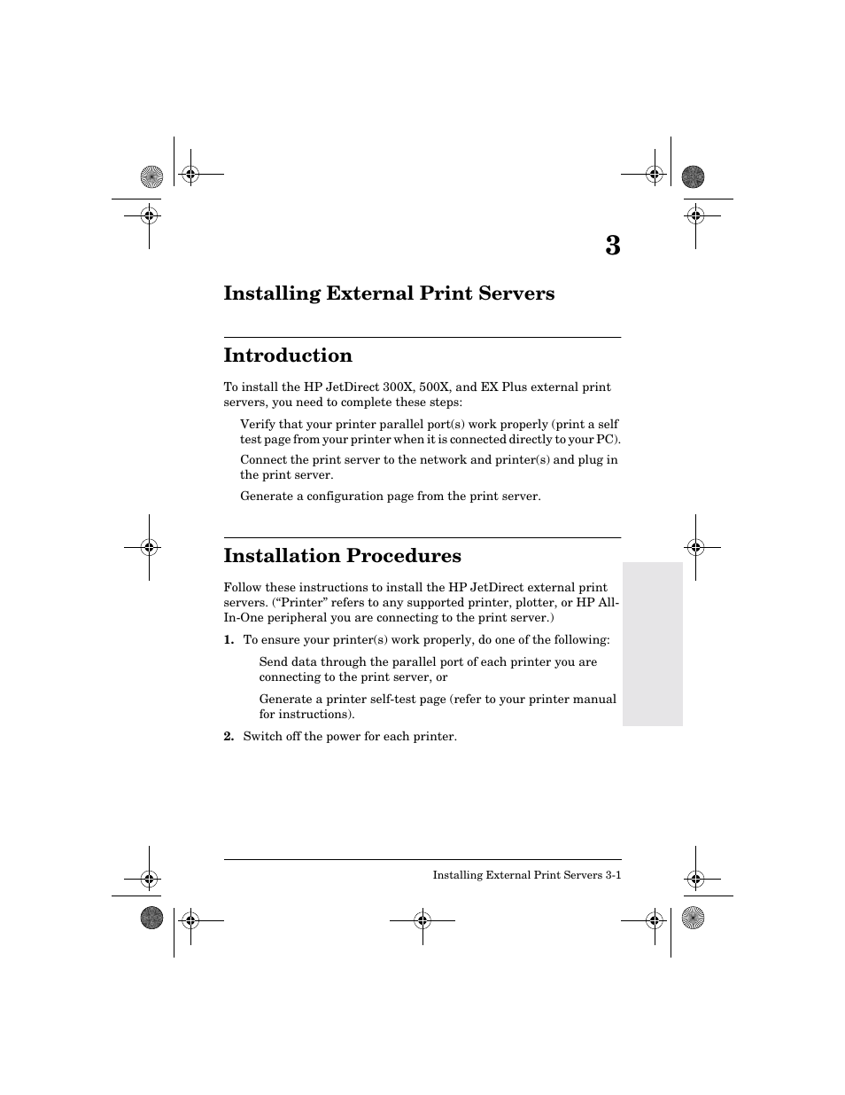 Installing external print servers, Introduction, Installation procedures | Introduction -1, Installation procedures -1, Installing external print servers introduction | HP 300X User Manual | Page 27 / 64