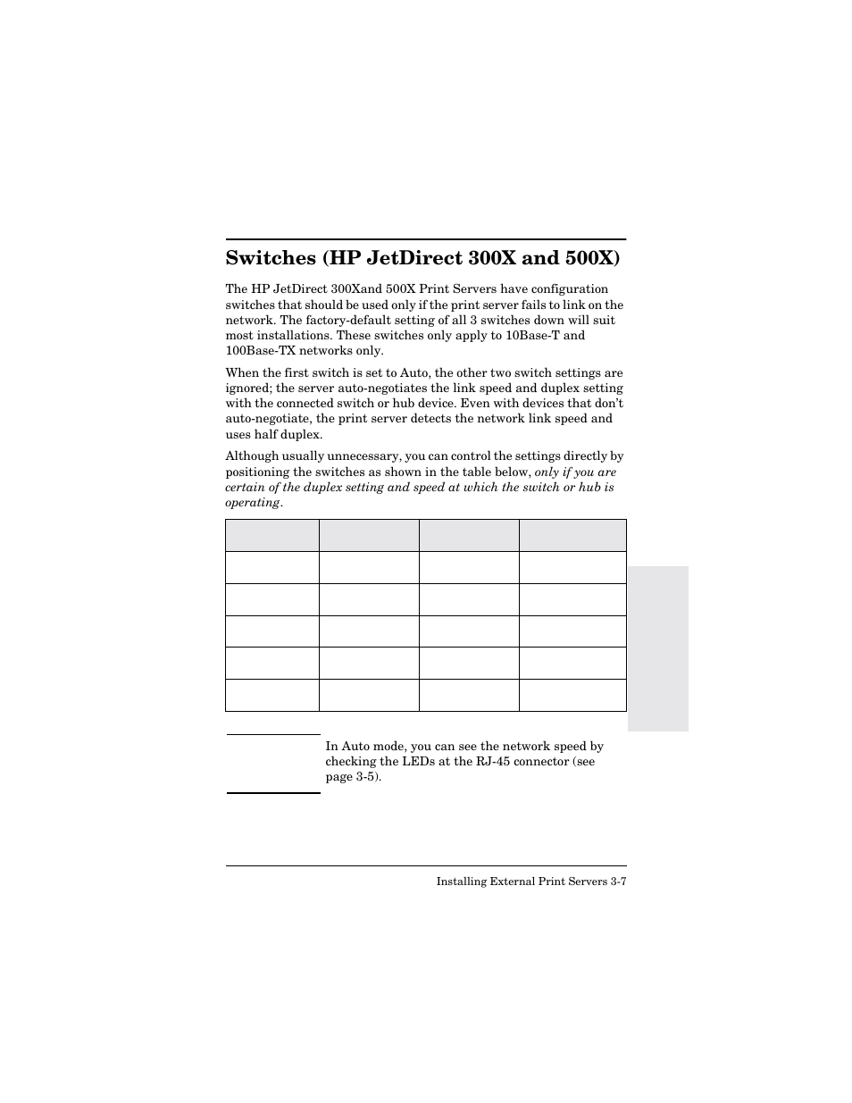 Switches (hp jetdirect 300x and 500x), Switches (hp jetdirect 300x and 500x) -7 | HP 300X User Manual | Page 33 / 64