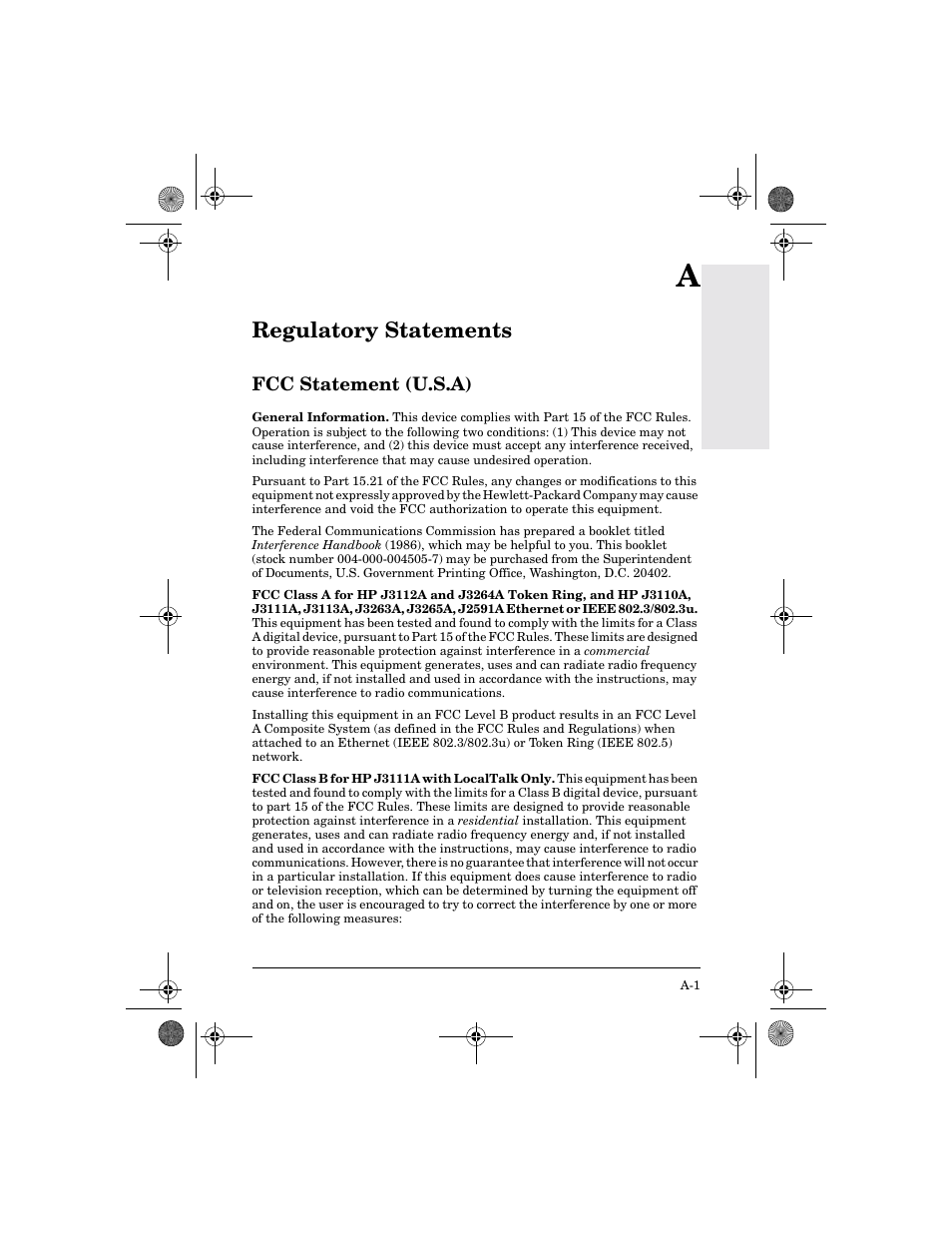 Regulatory statements, A. regulatory statements | HP 300X User Manual | Page 45 / 64