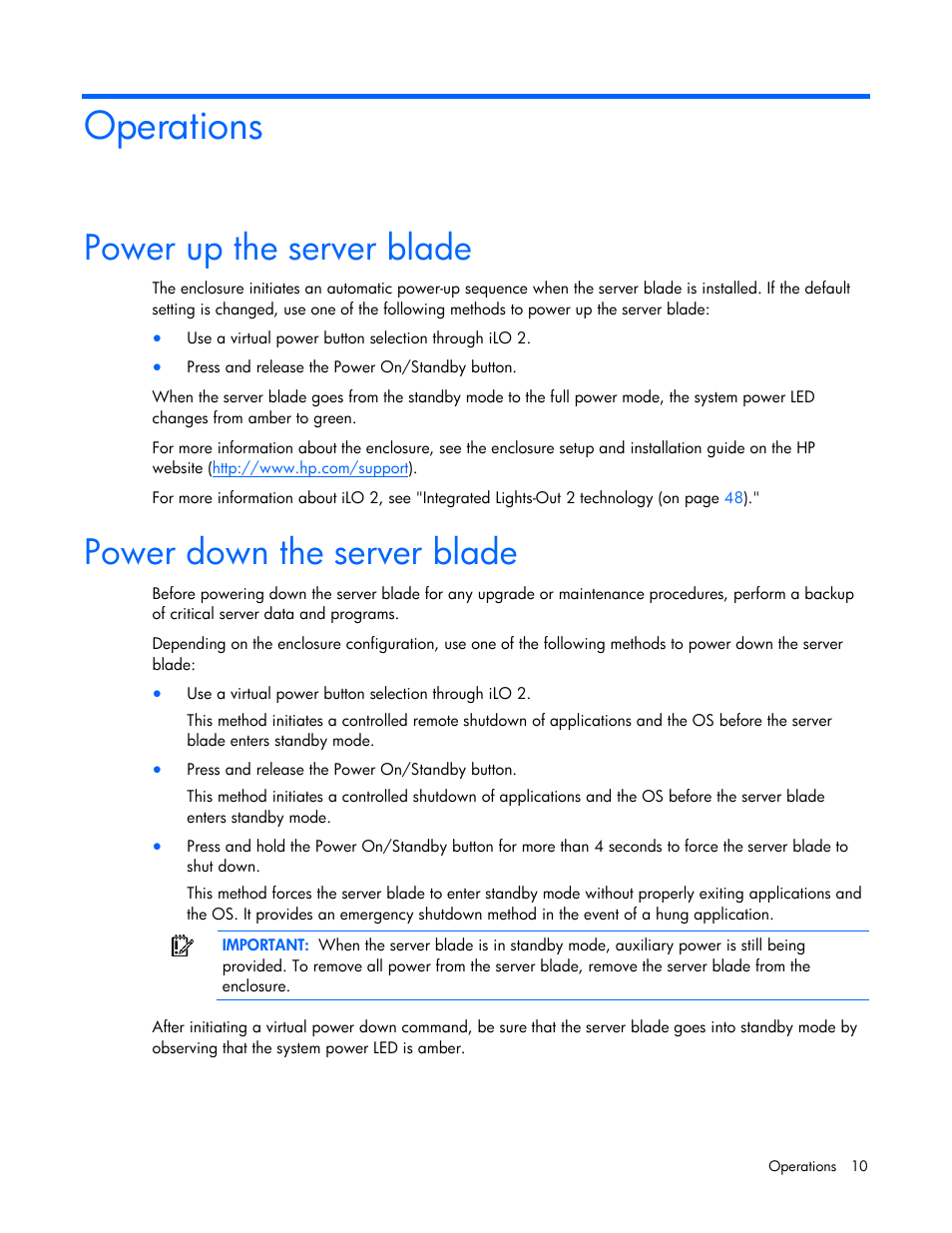 Operations, Power up the server blade, Power down the server blade | HP BL260c User Manual | Page 10 / 96