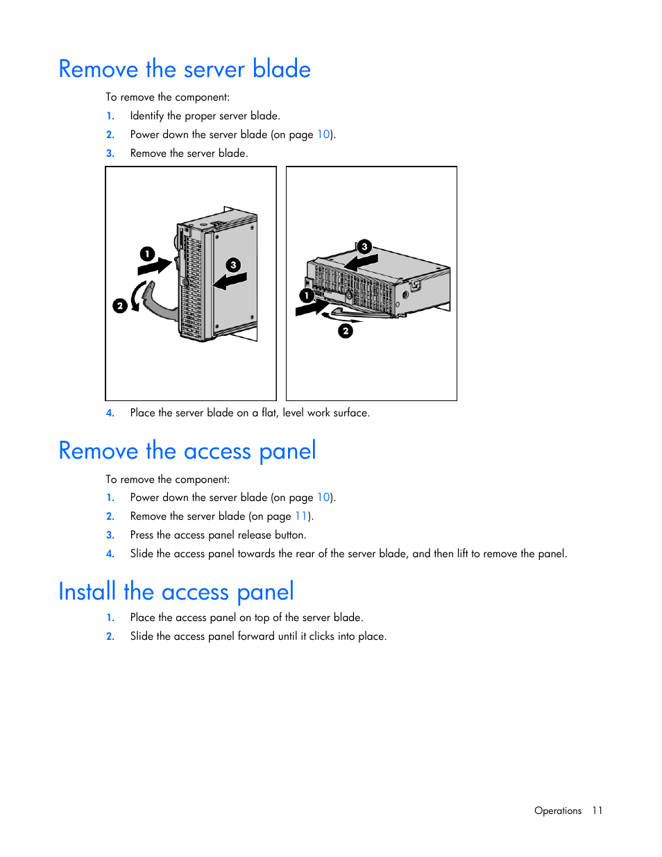 Remove the server blade, Remove the access panel, Install the access panel | HP BL260c User Manual | Page 11 / 96