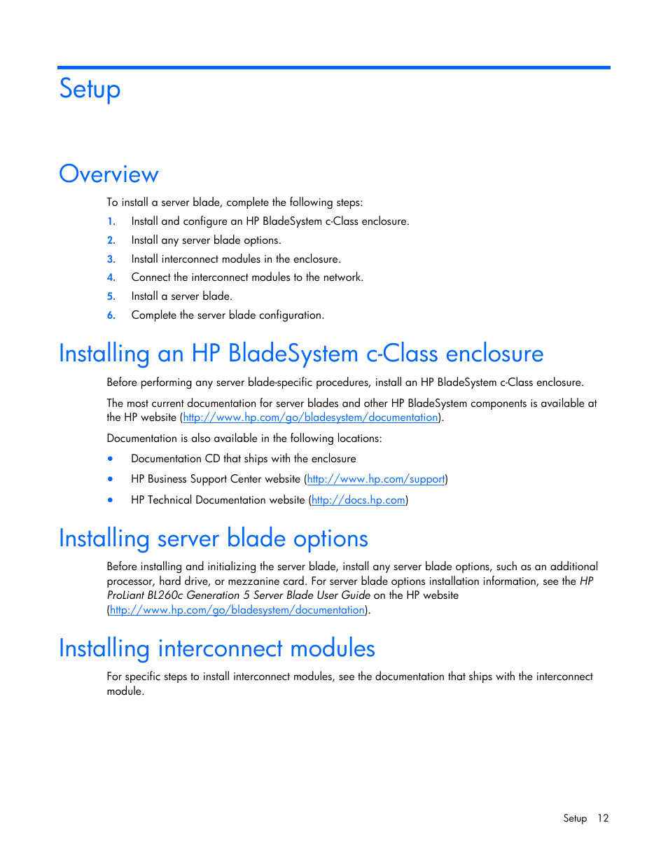 Setup, Overview, Installing an hp bladesystem c-class enclosure | Installing server blade options, Installing interconnect modules | HP BL260c User Manual | Page 12 / 96