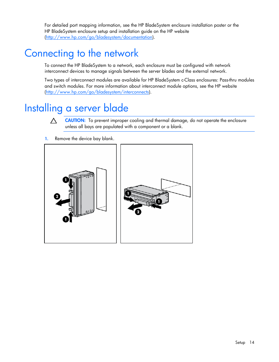 Connecting to the network, Installing a server blade | HP BL260c User Manual | Page 14 / 96