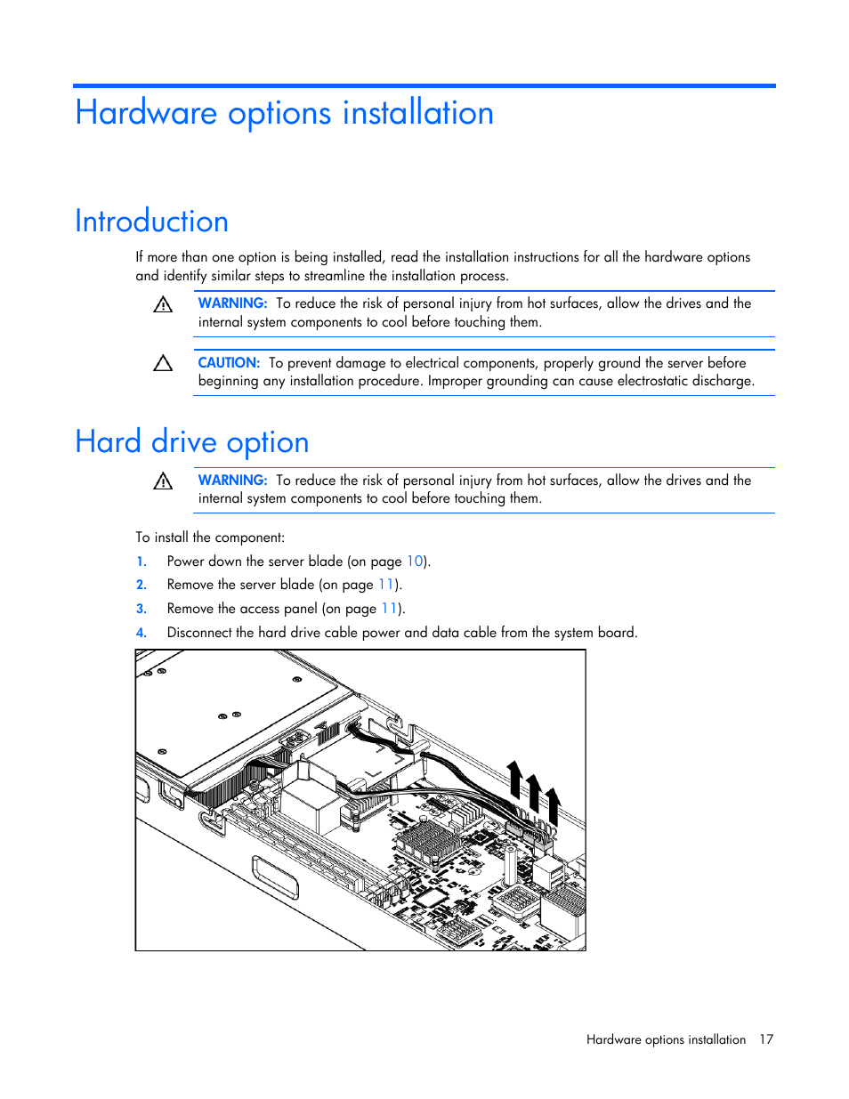 Hardware options installation, Introduction, Hard drive option | HP BL260c User Manual | Page 17 / 96