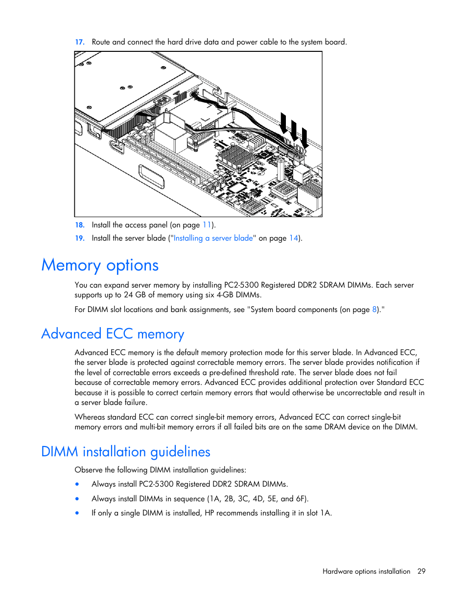 Memory options, Advanced ecc memory, Dimm installation guidelines | HP BL260c User Manual | Page 29 / 96