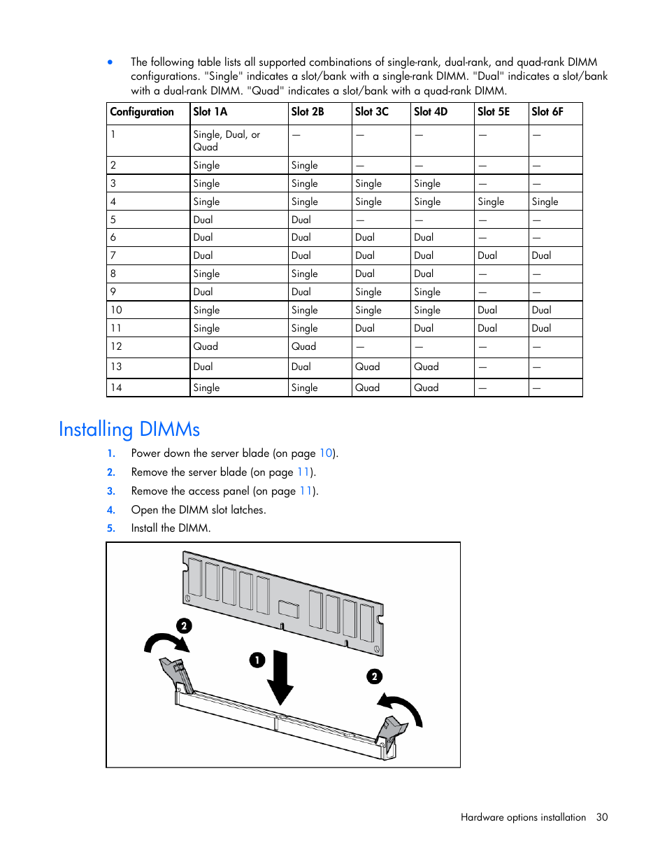 Installing dimms | HP BL260c User Manual | Page 30 / 96