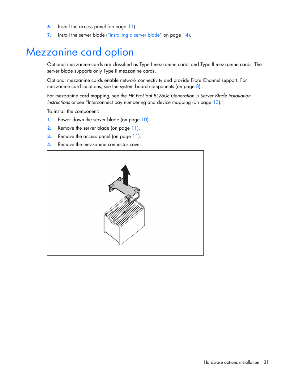 Mezzanine card option | HP BL260c User Manual | Page 31 / 96