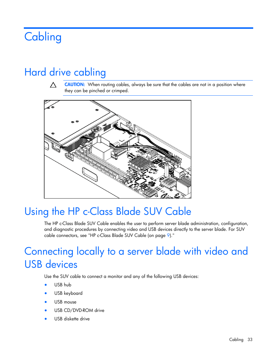 Cabling, Hard drive cabling, Using the hp c-class blade suv cable | HP BL260c User Manual | Page 33 / 96