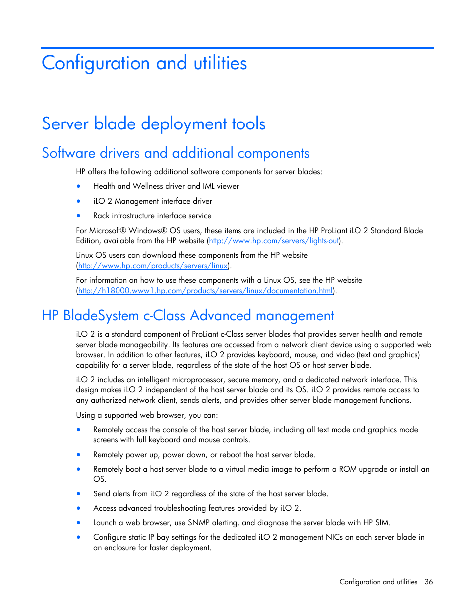 Configuration and utilities, Server blade deployment tools, Software drivers and additional components | Hp bladesystem c-class advanced management | HP BL260c User Manual | Page 36 / 96