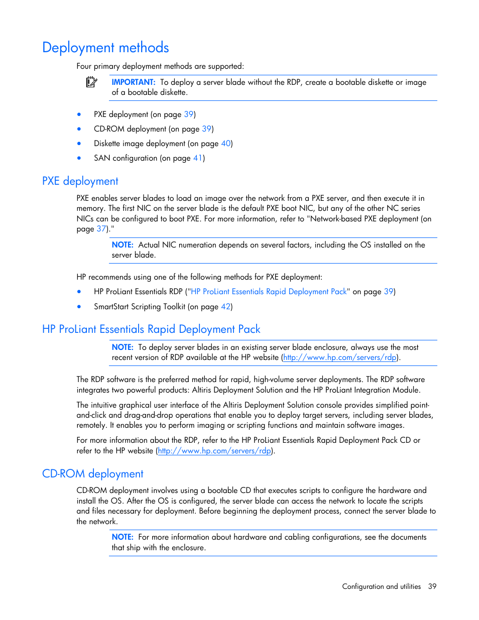 Deployment methods, Pxe deployment, Hp proliant essentials rapid deployment pack | Cd-rom deployment | HP BL260c User Manual | Page 39 / 96
