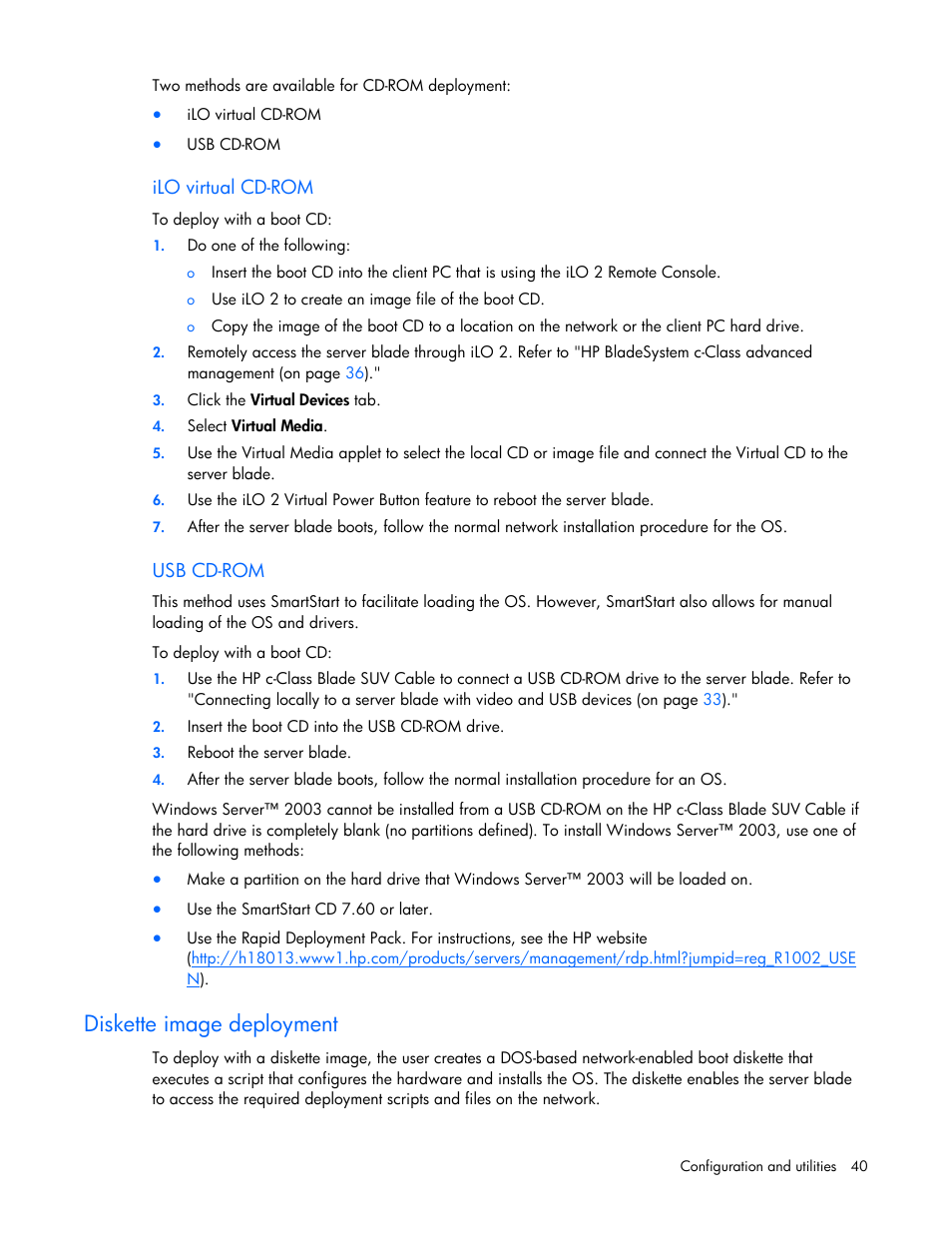 Diskette image deployment | HP BL260c User Manual | Page 40 / 96