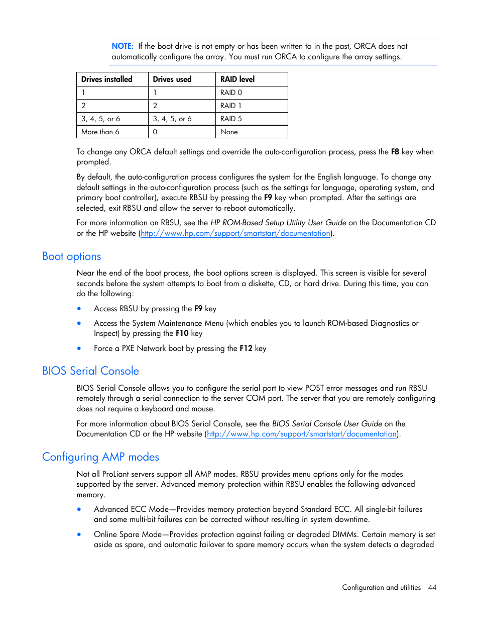 Boot options, Bios serial console, Configuring amp modes | HP BL260c User Manual | Page 44 / 96