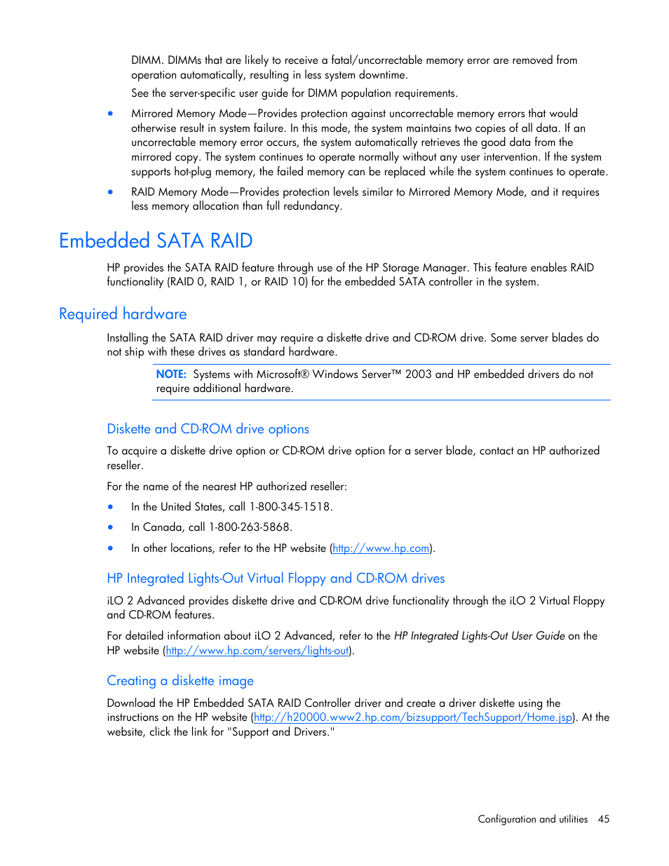 Embedded sata raid, Required hardware | HP BL260c User Manual | Page 45 / 96