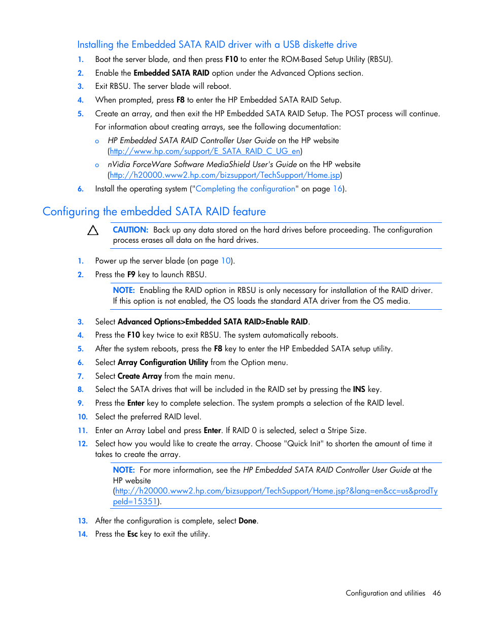 Configuring the embedded sata raid feature | HP BL260c User Manual | Page 46 / 96