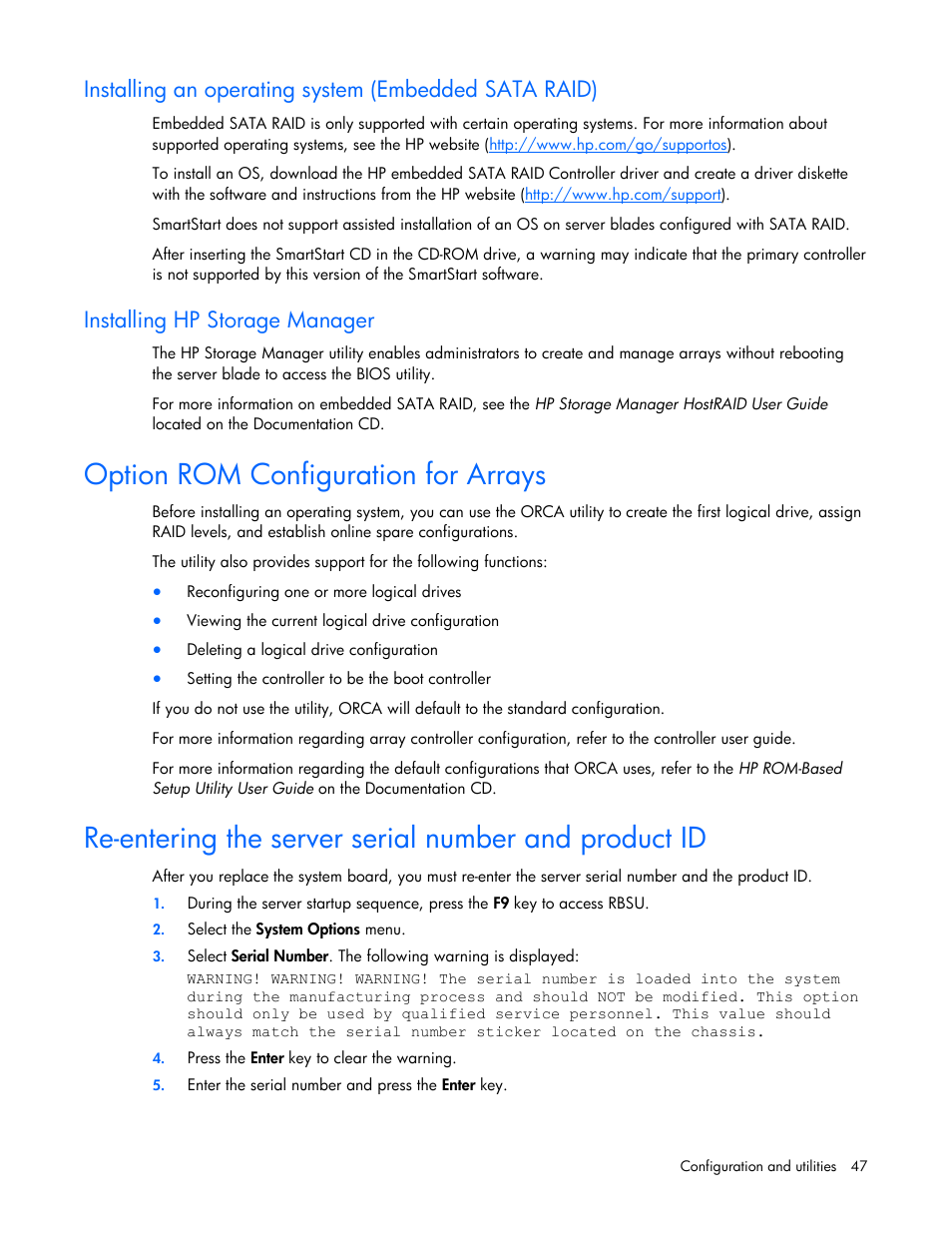 Installing hp storage manager, Option rom configuration for arrays | HP BL260c User Manual | Page 47 / 96