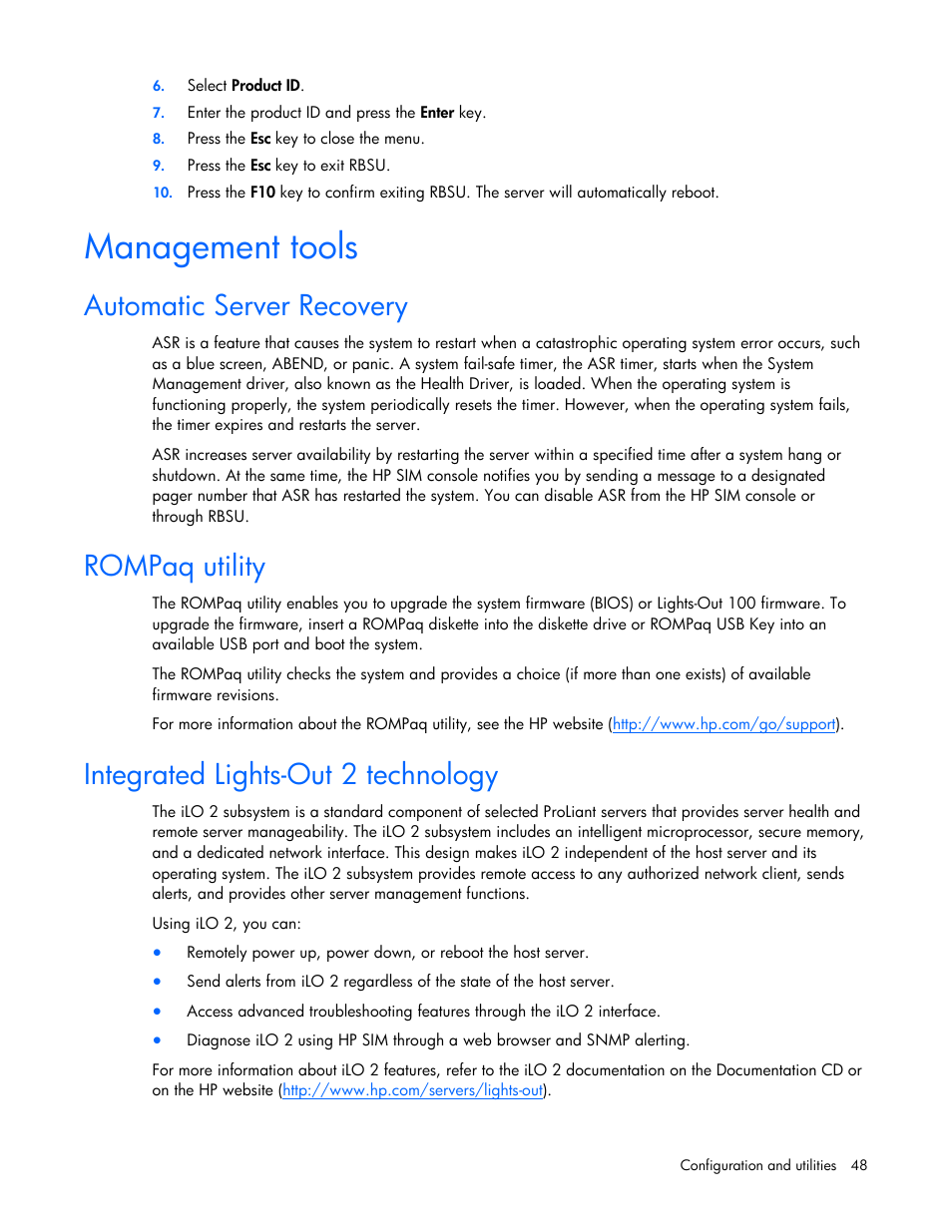 Management tools, Automatic server recovery, Rompaq utility | Integrated lights-out 2 technology | HP BL260c User Manual | Page 48 / 96