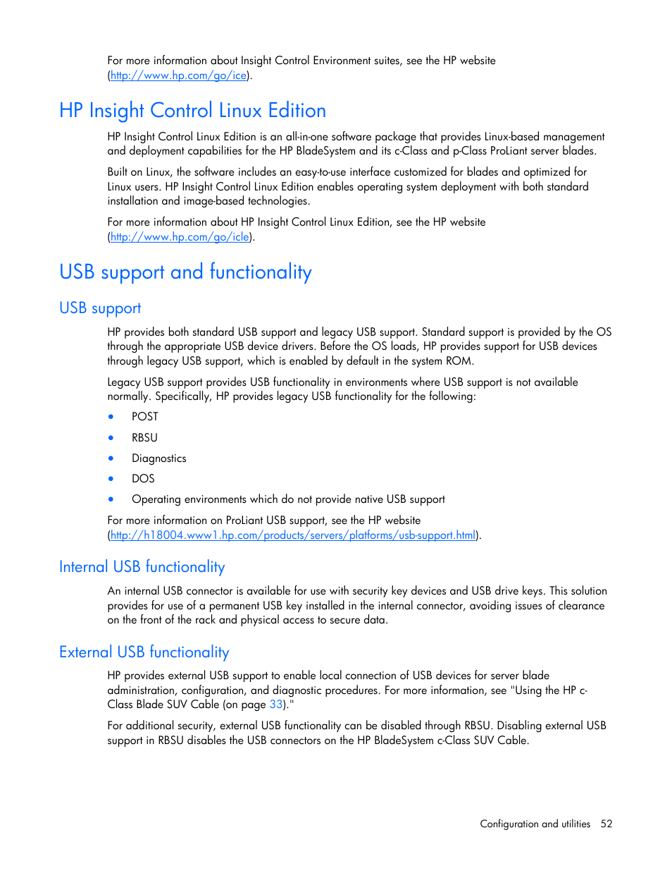 Hp insight control linux edition, Usb support and functionality, Usb support | Internal usb functionality, External usb functionality | HP BL260c User Manual | Page 52 / 96