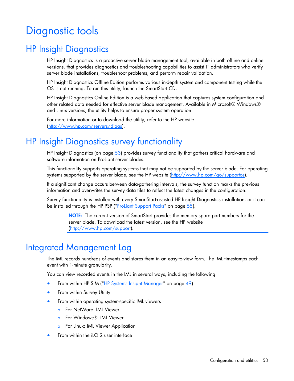 Diagnostic tools, Hp insight diagnostics, Hp insight diagnostics survey functionality | Integrated management log, S utility | HP BL260c User Manual | Page 53 / 96
