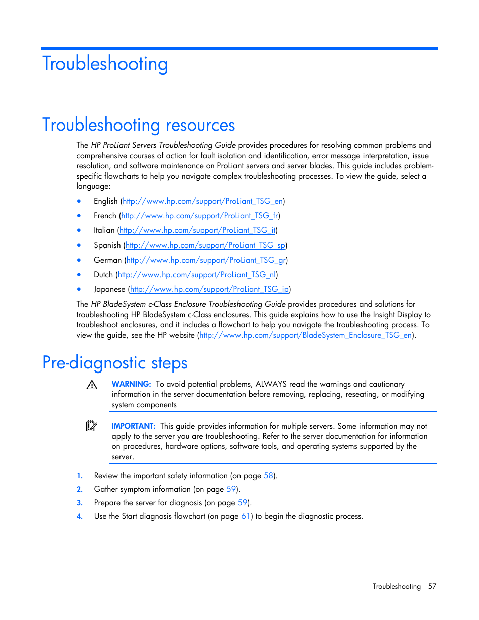 Troubleshooting, Troubleshooting resources, Pre-diagnostic steps | HP BL260c User Manual | Page 57 / 96