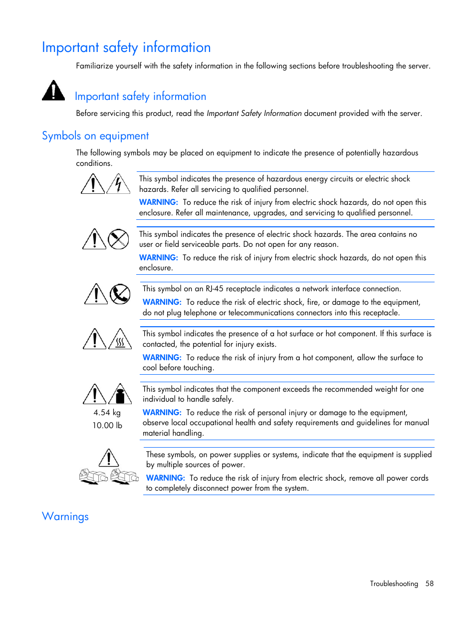 Important safety information, Symbols on equipment, Warnings | HP BL260c User Manual | Page 58 / 96