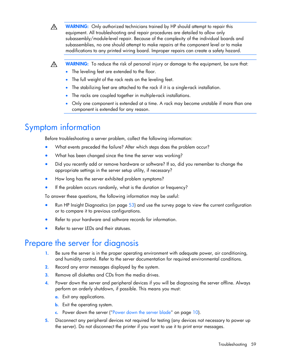 Symptom information, Prepare the server for diagnosis | HP BL260c User Manual | Page 59 / 96