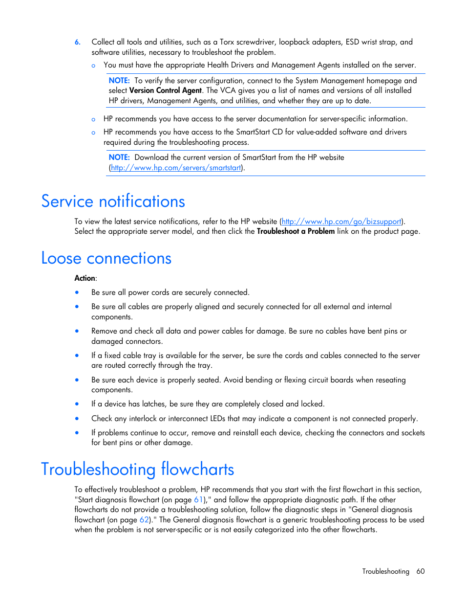 Service notifications, Loose connections, Troubleshooting flowcharts | HP BL260c User Manual | Page 60 / 96