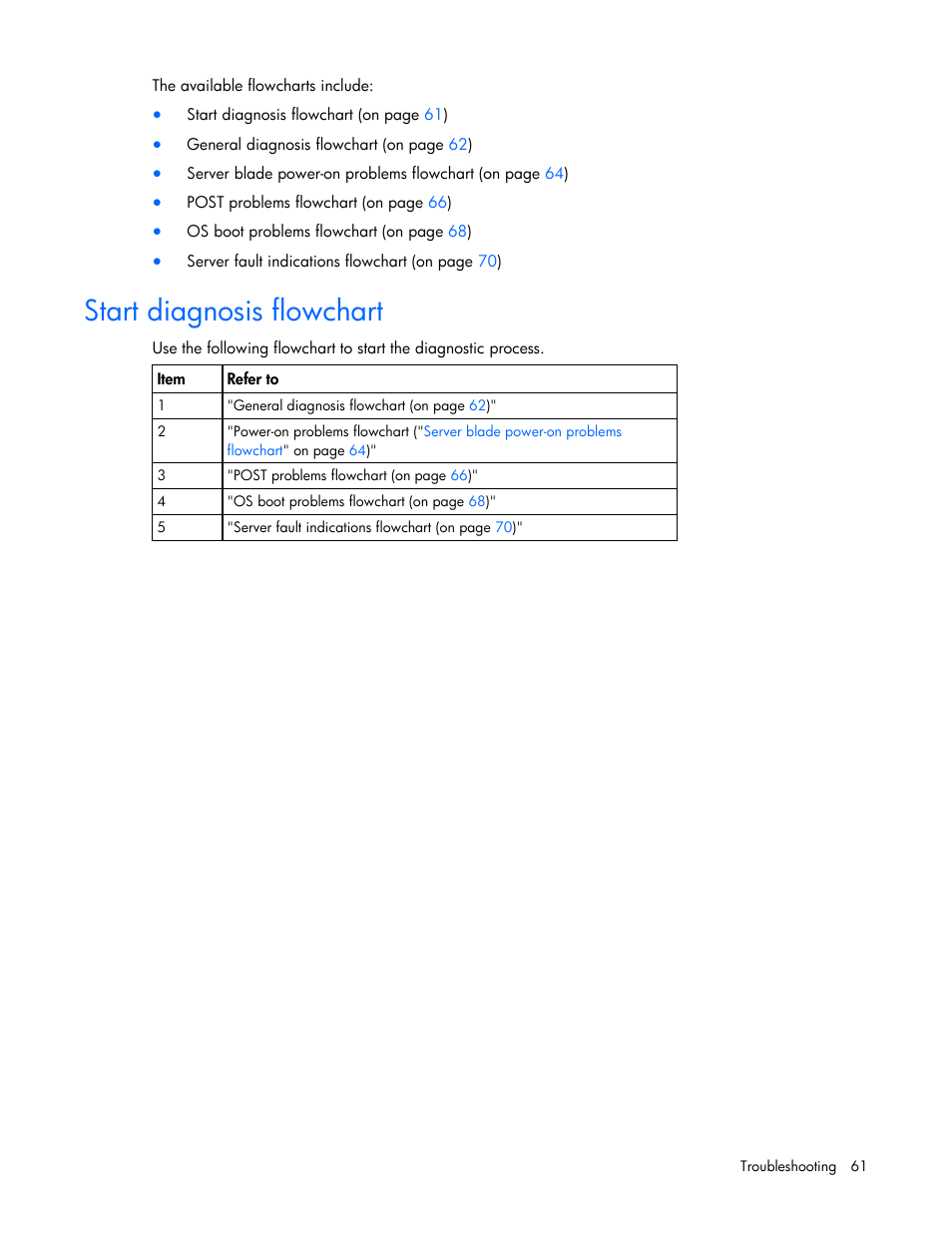 Start diagnosis flowchart, To begin the diagnostic process, And follow th | HP BL260c User Manual | Page 61 / 96