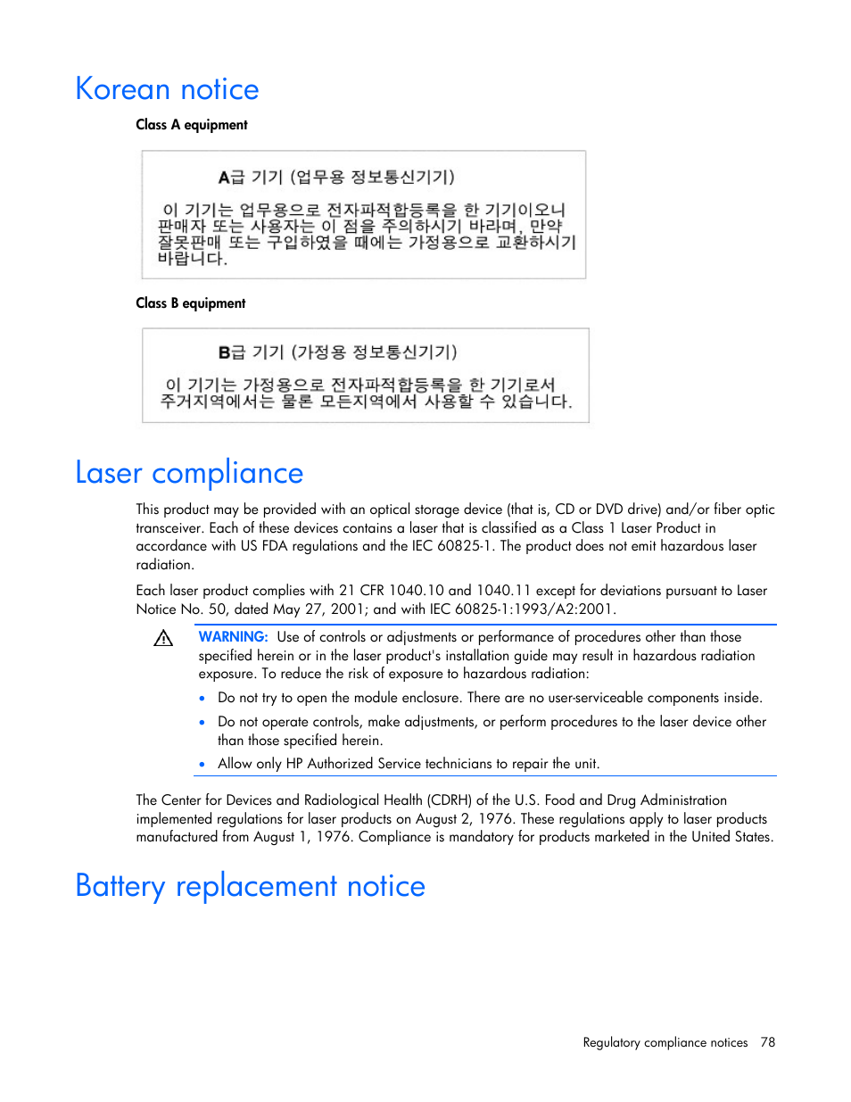 Korean notice, Laser compliance, Battery replacement notice | HP BL260c User Manual | Page 78 / 96
