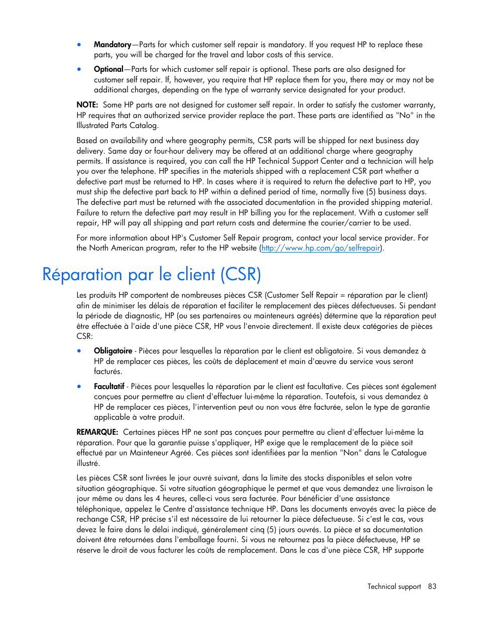 Réparation par le client (csr) | HP BL260c User Manual | Page 83 / 96