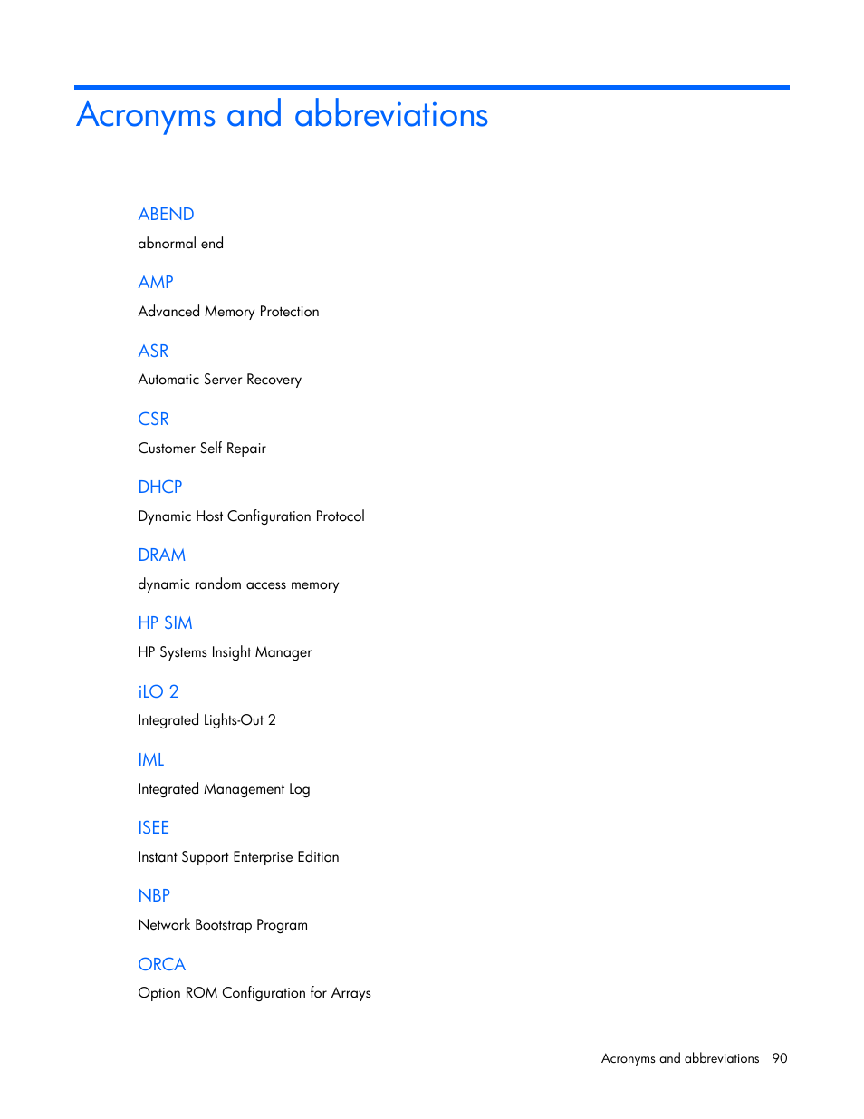 Acronyms and abbreviations | HP BL260c User Manual | Page 90 / 96